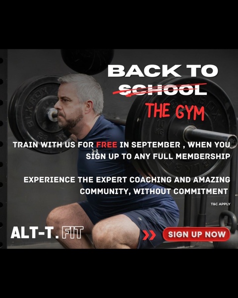 A 4:5 vertical ad for a gym featuring a person squatting with a barbell, using text to highlight a free training offer in September.